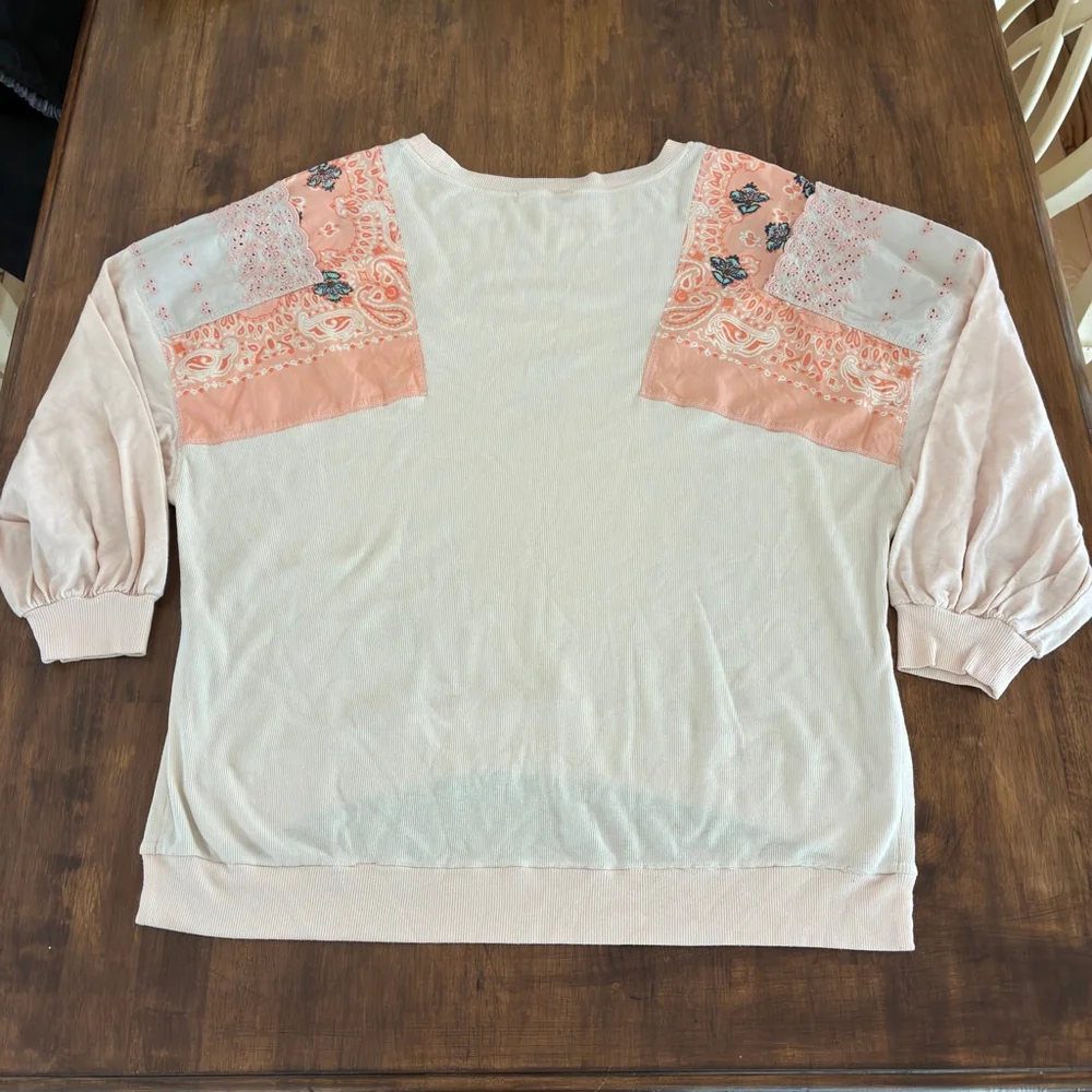 Free People We The Free Patchwork Boho Sweatshirt Large Paisley Lace Pullover - Picture 3 of 9